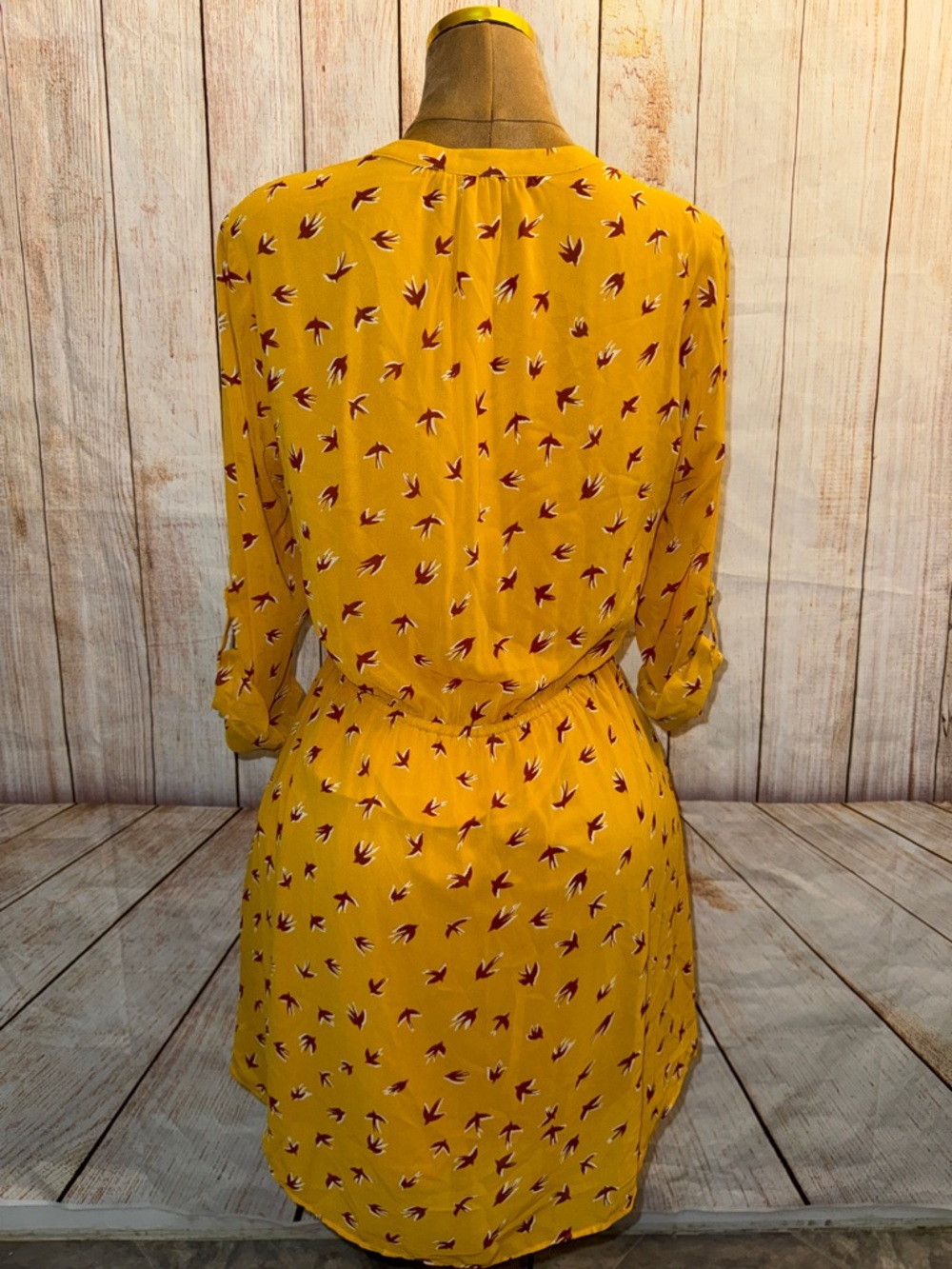 Signature Studio Yellow Sparrow Bird-Print Mini Dress, drawstring waist, Sz L - Picture 5 of 9